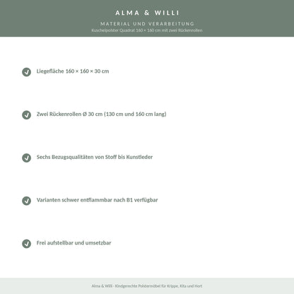 Alma & Willi Kuschelpolster Quadrat 160 × 160 cm mit zwei Rückenrollen – Material und Verarbeitung