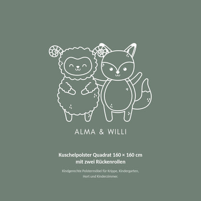 Alma & Willi Kuschelpolster Quadrat 160 × 160 cm mit zwei Rückenrollen – Alma & Willi