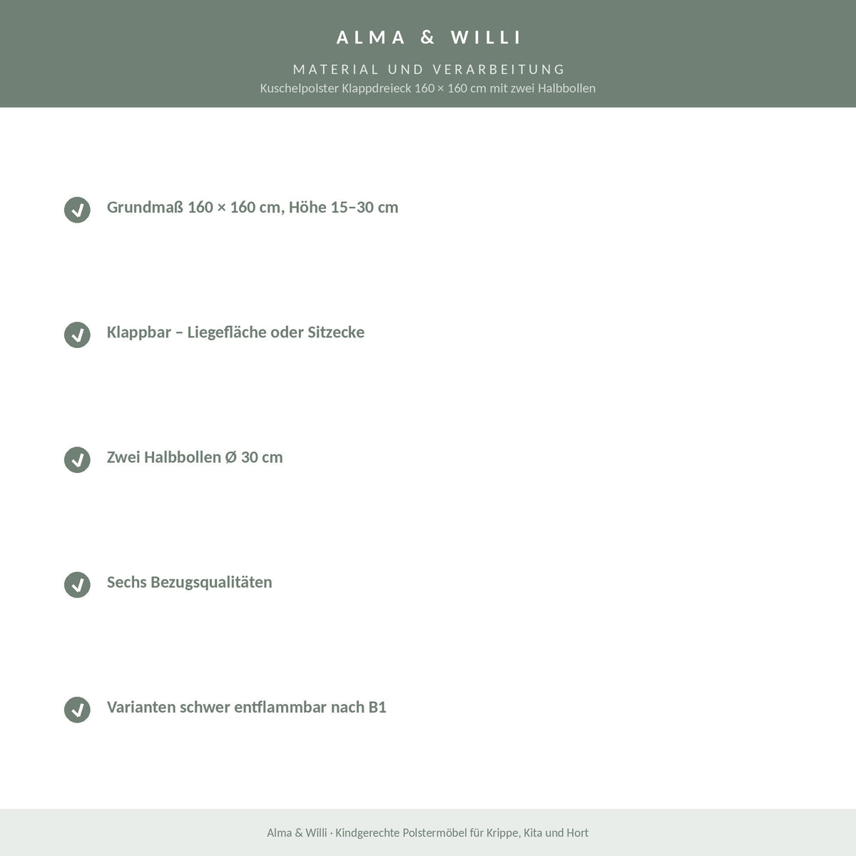 Alma & Willi Kuschelpolster Klappdreieck 160 × 160 cm mit zwei Halbbollen – Material und Verarbeitung