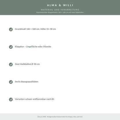 Alma & Willi Kuschelpolster Klappdreieck 160 × 160 cm mit zwei Halbbollen – Material und Verarbeitung