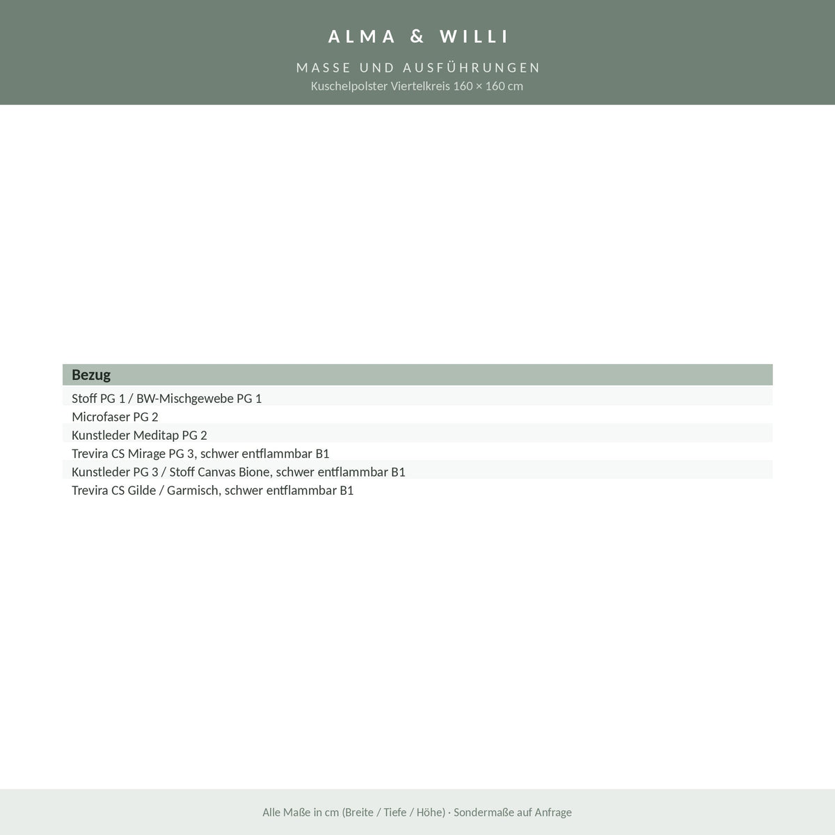 Alma & Willi Kuschelpolster Viertelkreis 160 × 160 cm – für die Raumecke – Maße und Ausführungen