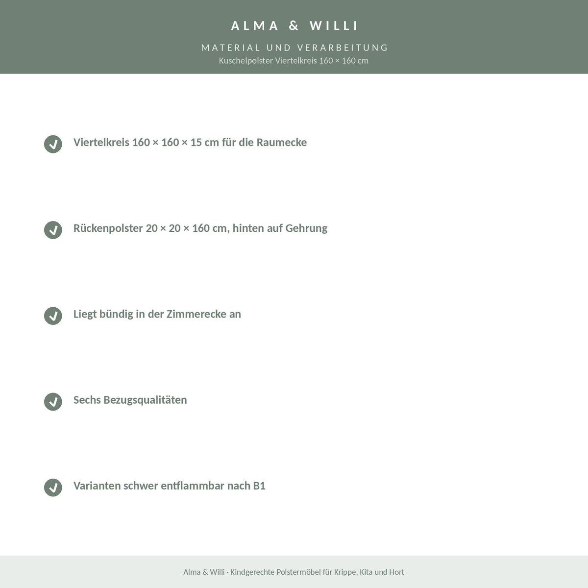 Alma & Willi Kuschelpolster Viertelkreis 160 × 160 cm – für die Raumecke – Material und Verarbeitung