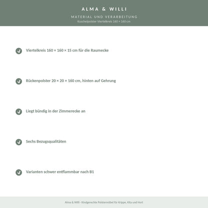 Alma & Willi Kuschelpolster Viertelkreis 160 × 160 cm – für die Raumecke – Material und Verarbeitung