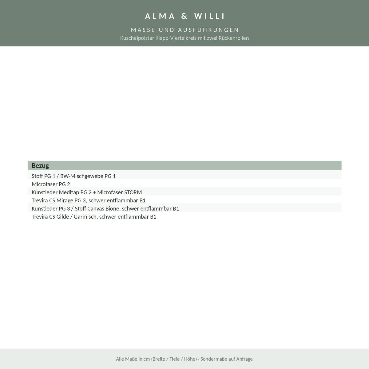 Alma & Willi Kuschelpolster Klapp-Viertelkreis mit zwei Rückenrollen – Maße und Ausführungen