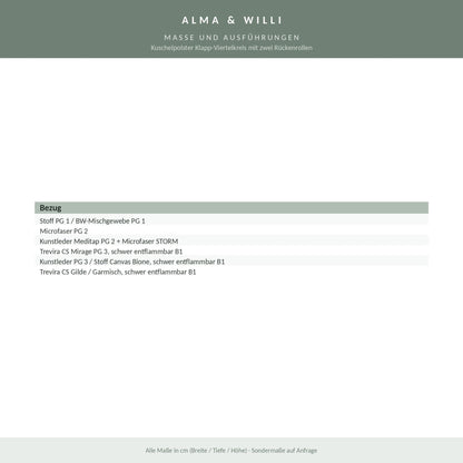 Alma & Willi Kuschelpolster Klapp-Viertelkreis mit zwei Rückenrollen – Maße und Ausführungen
