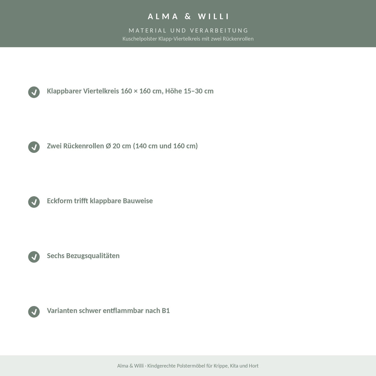 Alma & Willi Kuschelpolster Klapp-Viertelkreis mit zwei Rückenrollen – Material und Verarbeitung