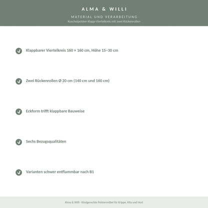 Alma & Willi Kuschelpolster Klapp-Viertelkreis mit zwei Rückenrollen – Material und Verarbeitung