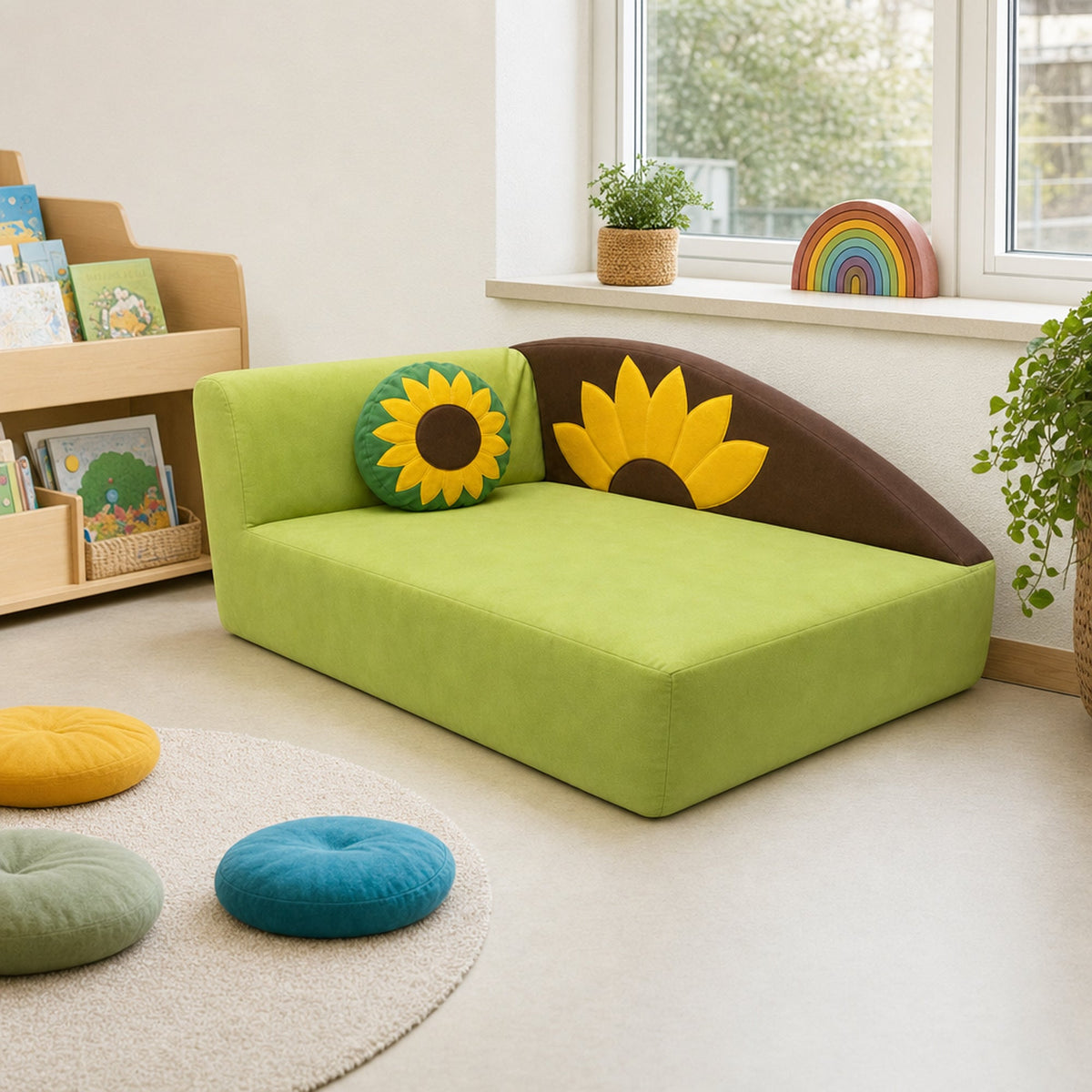 Kindersofa Sonnenblume in der Leseecke eines Kita-Gruppenraums