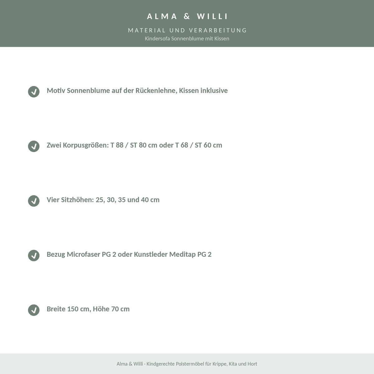Alma & Willi Kindersofa Sonnenblume mit Kissen – Kita-Sofa, vier Sitzhöhen – Material und Verarbeitung