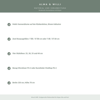 Alma & Willi Kindersofa Sonnenblume mit Kissen – Kita-Sofa, vier Sitzhöhen – Material und Verarbeitung