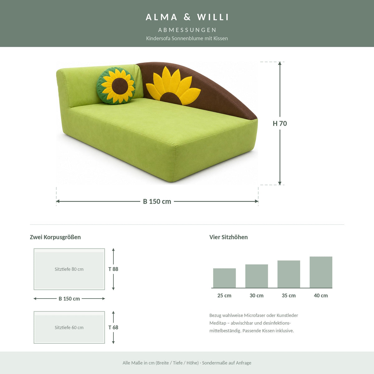 Kindersofa Sonnenblume – Abmessungen B 150 × H 70 cm, zwei Korpusgrößen, vier Sitzhöhen