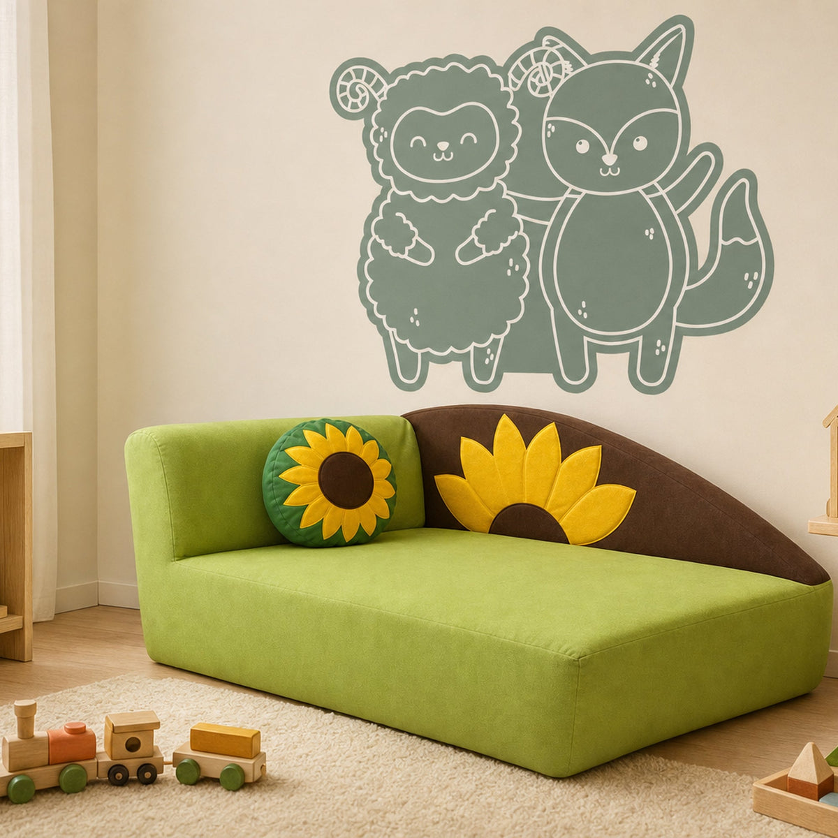 Kindersofa Sonnenblume in einer Spielecke mit Alma & Willi Wandtattoo