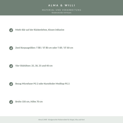 Alma & Willi Kindersofa Bär mit Kissen – Kita-Sofa, vier Sitzhöhen – Material und Verarbeitung