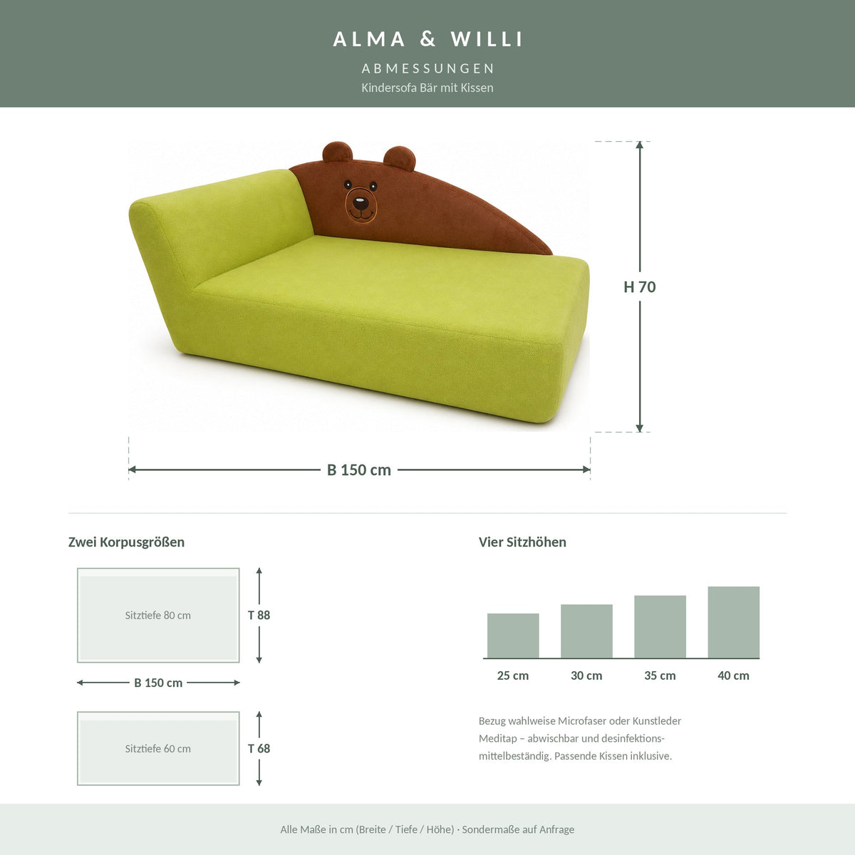 Kindersofa Bär – Abmessungen B 150 × H 70 cm, zwei Korpusgrößen, vier Sitzhöhen