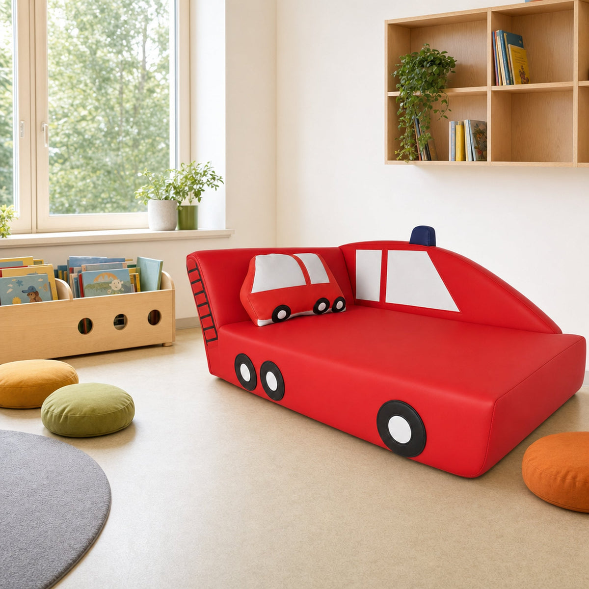 Kindersofa Feuerwehr in der Leseecke eines Kita-Gruppenraums