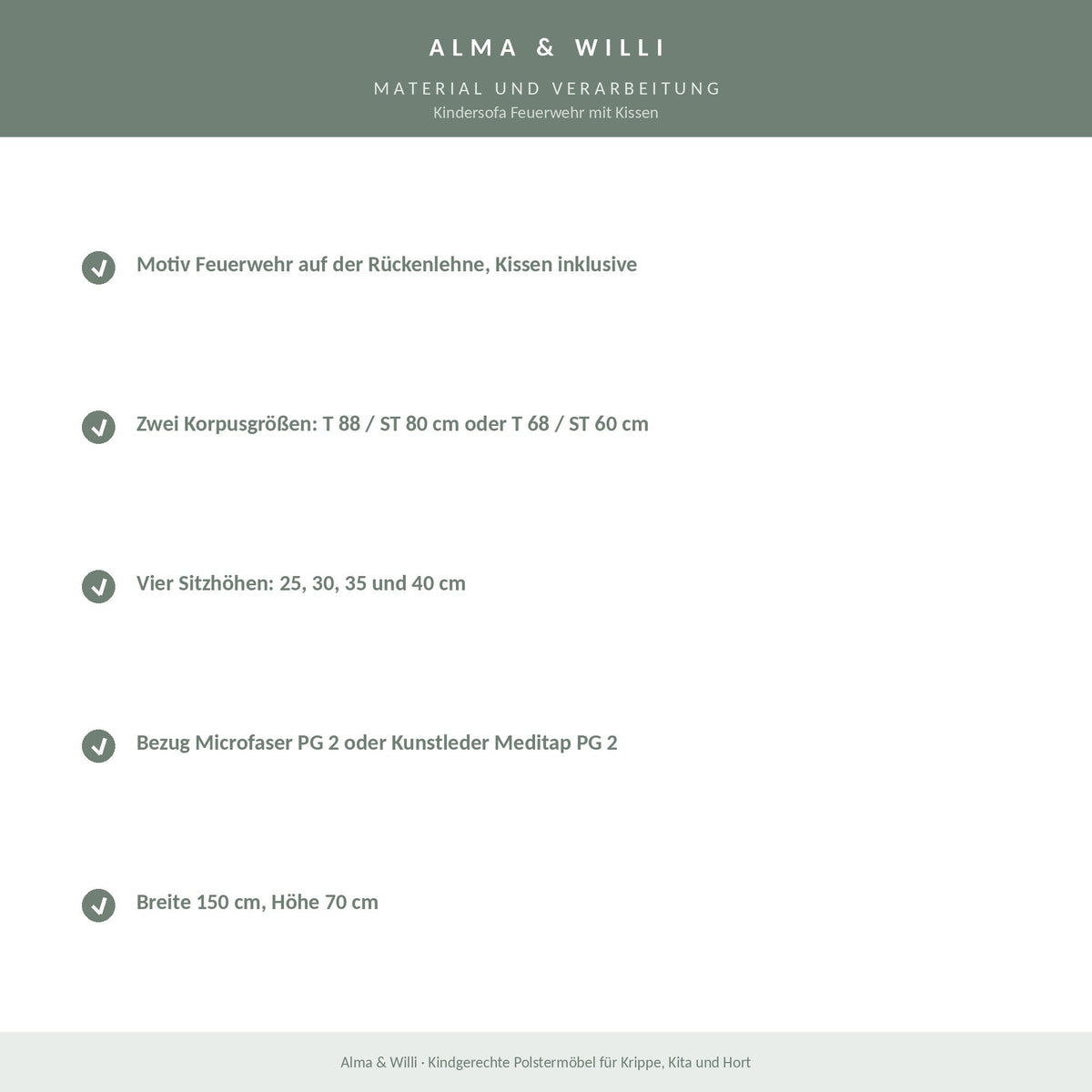Alma & Willi Kindersofa Feuerwehr mit Kissen – Kita-Sofa, vier Sitzhöhen – Material und Verarbeitung