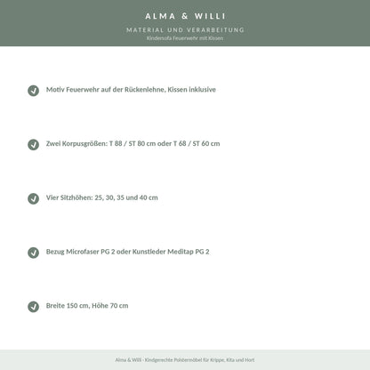 Alma & Willi Kindersofa Feuerwehr mit Kissen – Kita-Sofa, vier Sitzhöhen – Material und Verarbeitung