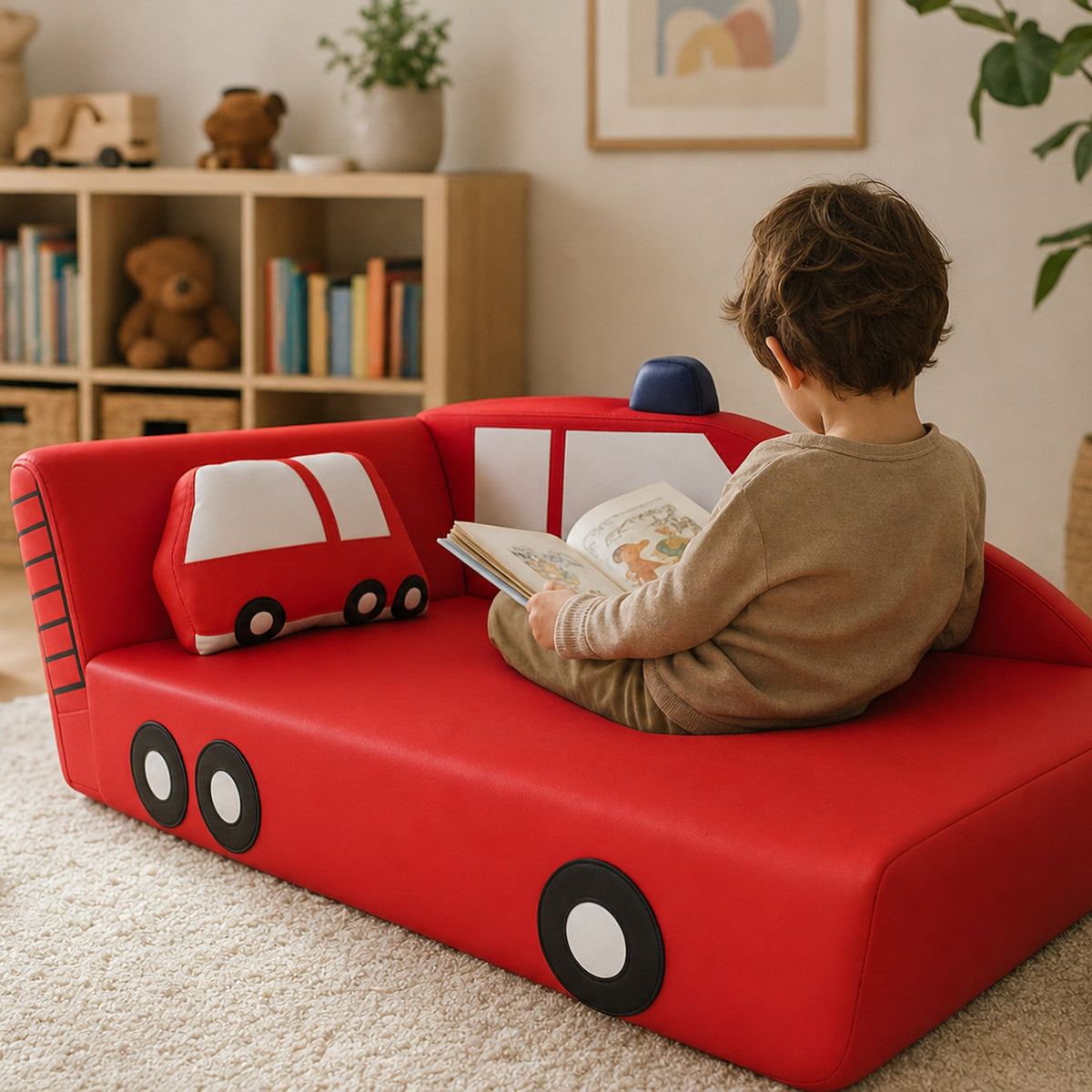 Kind liest auf dem Kindersofa Feuerwehr