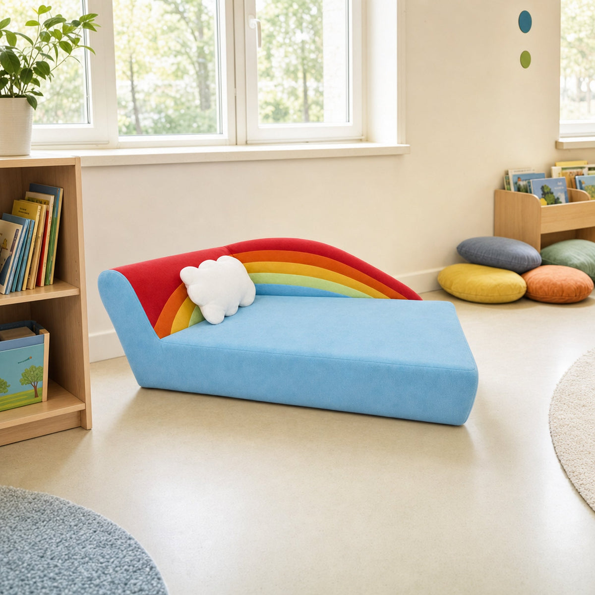 Kindersofa Regenbogen in der Leseecke eines Kita-Gruppenraums