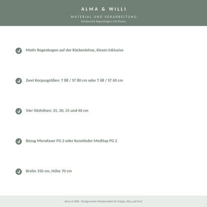 Alma & Willi Kindersofa Regenbogen mit Kissen – Kita-Sofa, vier Sitzhöhen – Material und Verarbeitung