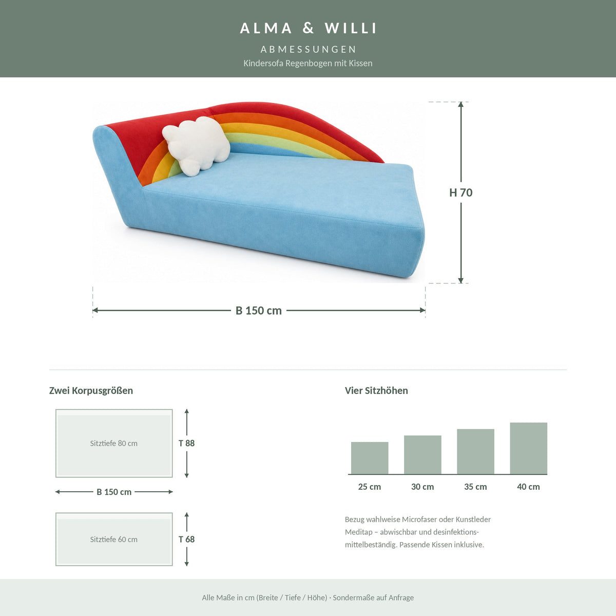 Kindersofa Regenbogen – Abmessungen B 150 × H 70 cm, zwei Korpusgrößen, vier Sitzhöhen