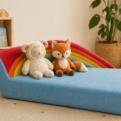 Kindersofa Regenbogen mit den Alma & Willi Plüschfiguren