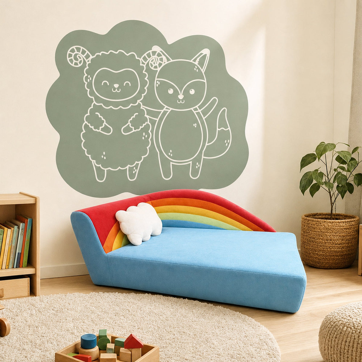 Kindersofa Regenbogen in einer Spielecke mit Alma & Willi Wandtattoo