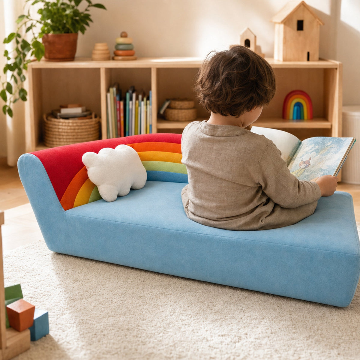 Kind liest auf dem Kindersofa Regenbogen