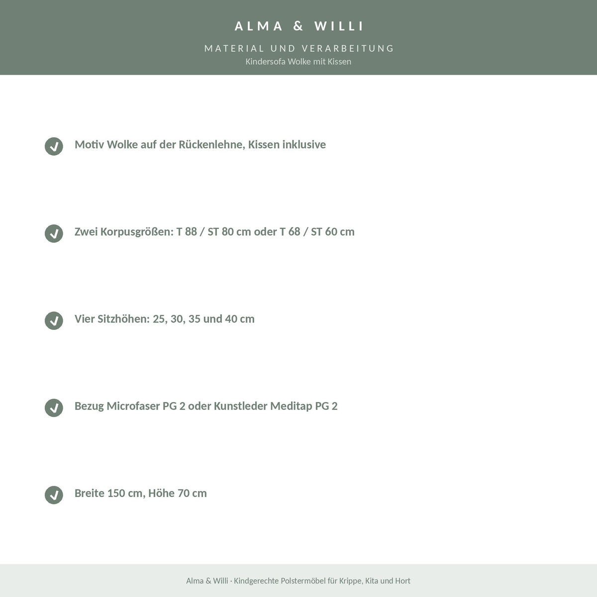 Alma & Willi Kindersofa Wolke mit Kissen – Kita-Sofa, vier Sitzhöhen – Material und Verarbeitung