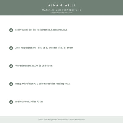Alma & Willi Kindersofa Wolke mit Kissen – Kita-Sofa, vier Sitzhöhen – Material und Verarbeitung