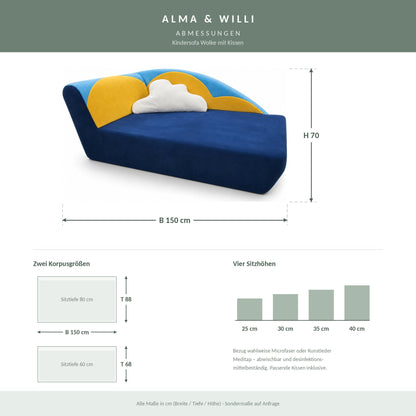 Kindersofa Wolke – Abmessungen B 150 × H 70 cm, zwei Korpusgrößen, vier Sitzhöhen
