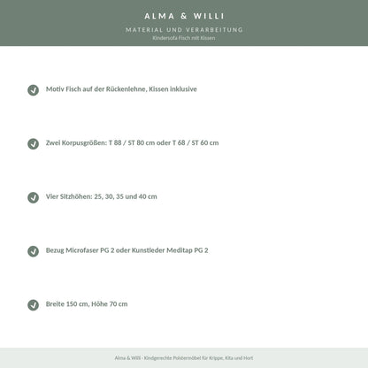 Alma & Willi Kindersofa Fisch mit Kissen – Kita-Sofa, vier Sitzhöhen – Material und Verarbeitung