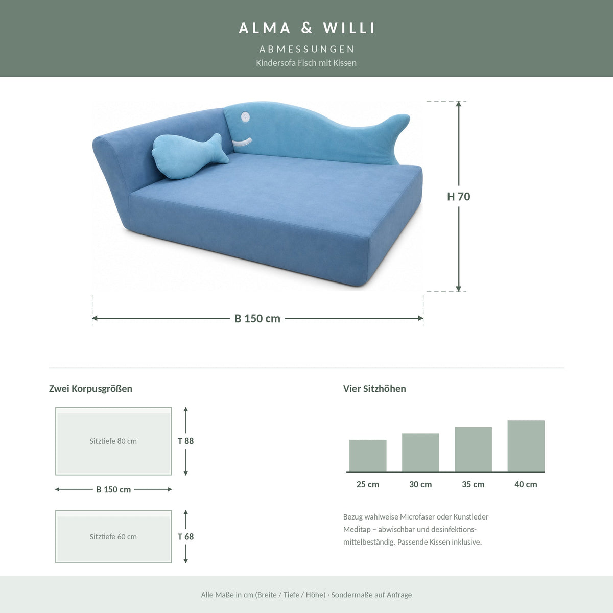 Kindersofa Fisch – Abmessungen B 150 × H 70 cm, zwei Korpusgrößen, vier Sitzhöhen