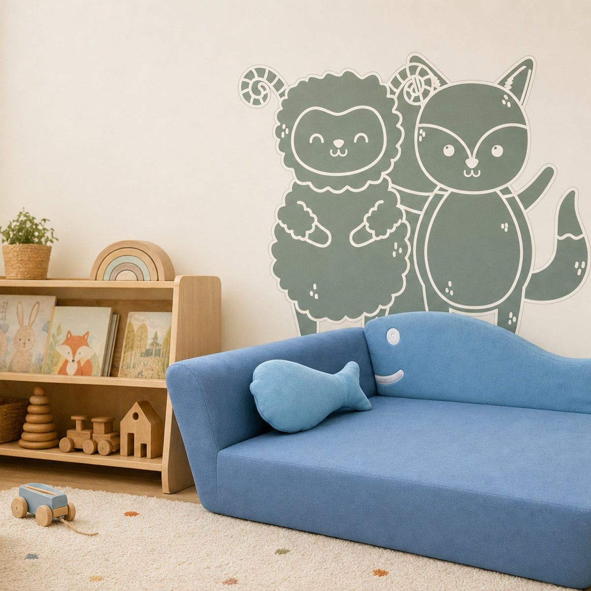 Kindersofa Fisch in einer Spielecke mit Alma & Willi Wandtattoo