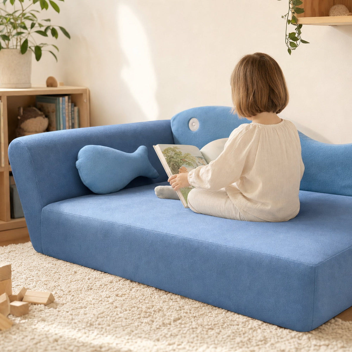 Kind liest auf dem Kindersofa Fisch