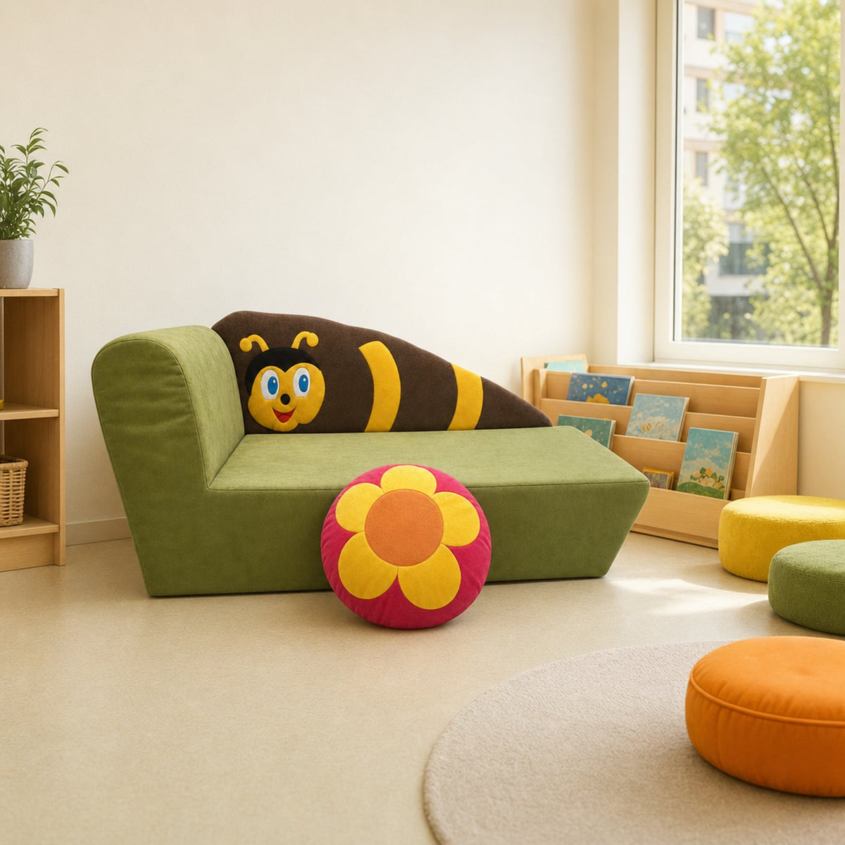 Kindersofa Biene in der Leseecke eines Kita-Gruppenraums