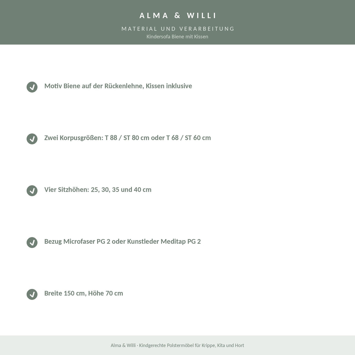Alma & Willi Kindersofa Biene mit Kissen – Kita-Sofa, vier Sitzhöhen – Material und Verarbeitung