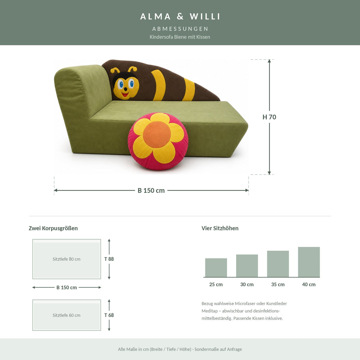 Kindersofa Biene – Abmessungen B 150 × H 70 cm, zwei Korpusgrößen, vier Sitzhöhen
