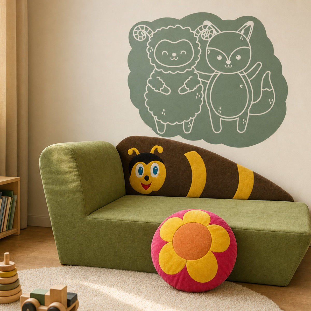 Kindersofa Biene in einer Spielecke mit Alma & Willi Wandtattoo