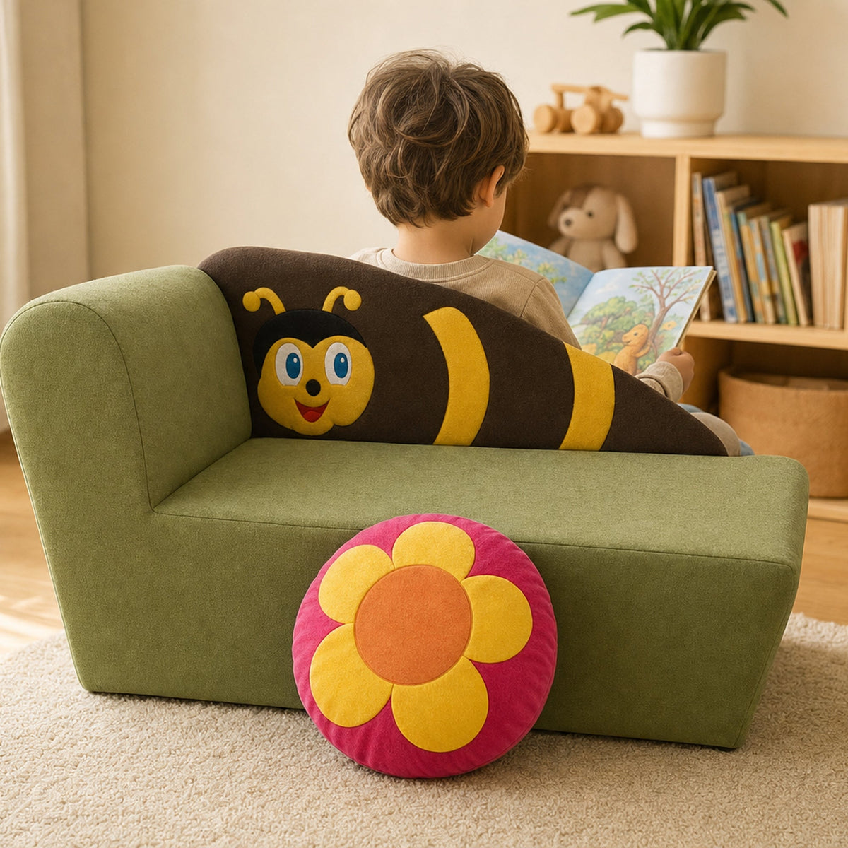 Kind liest auf dem Kindersofa Biene