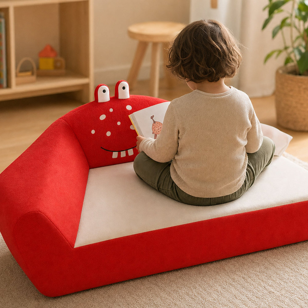 Kind liest auf dem Kindersofa Krabbe