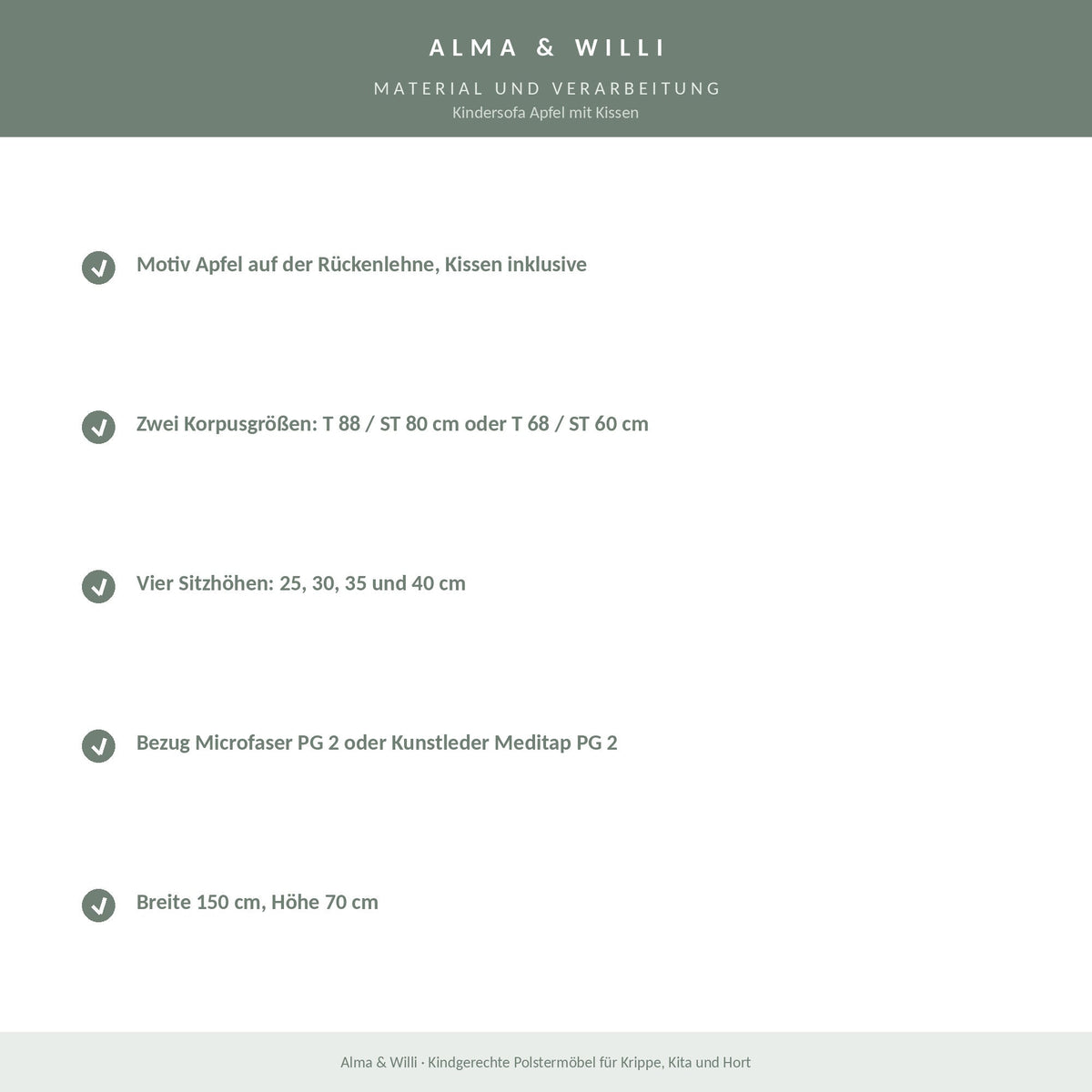 Alma & Willi Kindersofa Apfel mit Kissen – Kita-Sofa, vier Sitzhöhen – Material und Verarbeitung