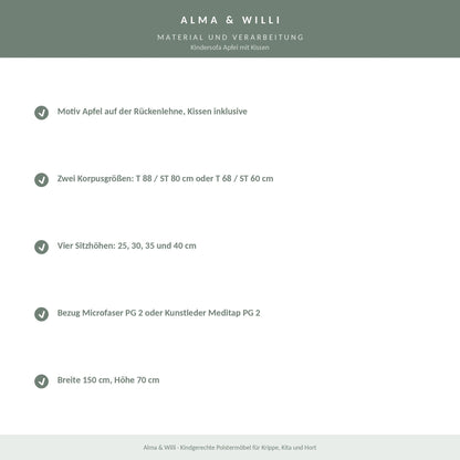 Alma & Willi Kindersofa Apfel mit Kissen – Kita-Sofa, vier Sitzhöhen – Material und Verarbeitung