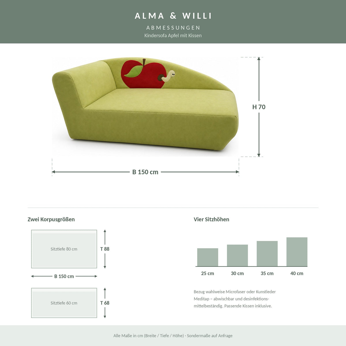 Kindersofa Apfel – Abmessungen B 150 × H 70 cm, zwei Korpusgrößen, vier Sitzhöhen