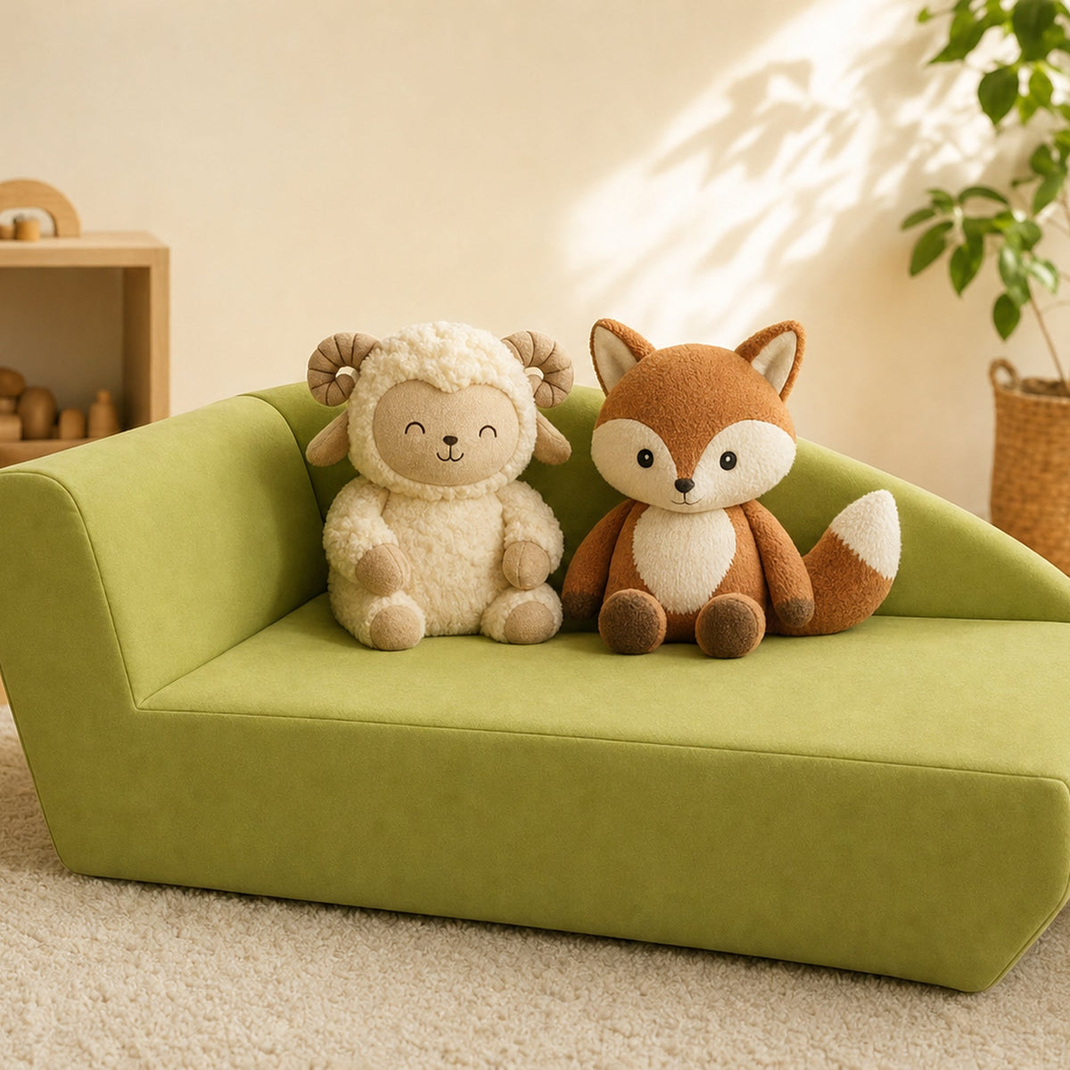 Kindersofa Apfel mit den Alma & Willi Plüschfiguren