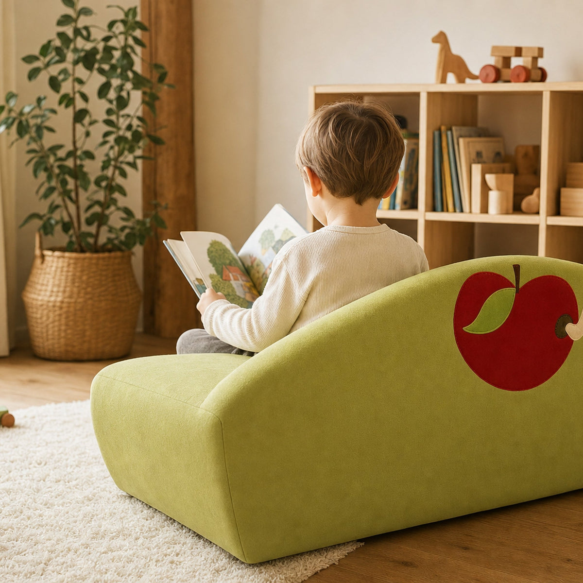 Kind liest auf dem Kindersofa Apfel