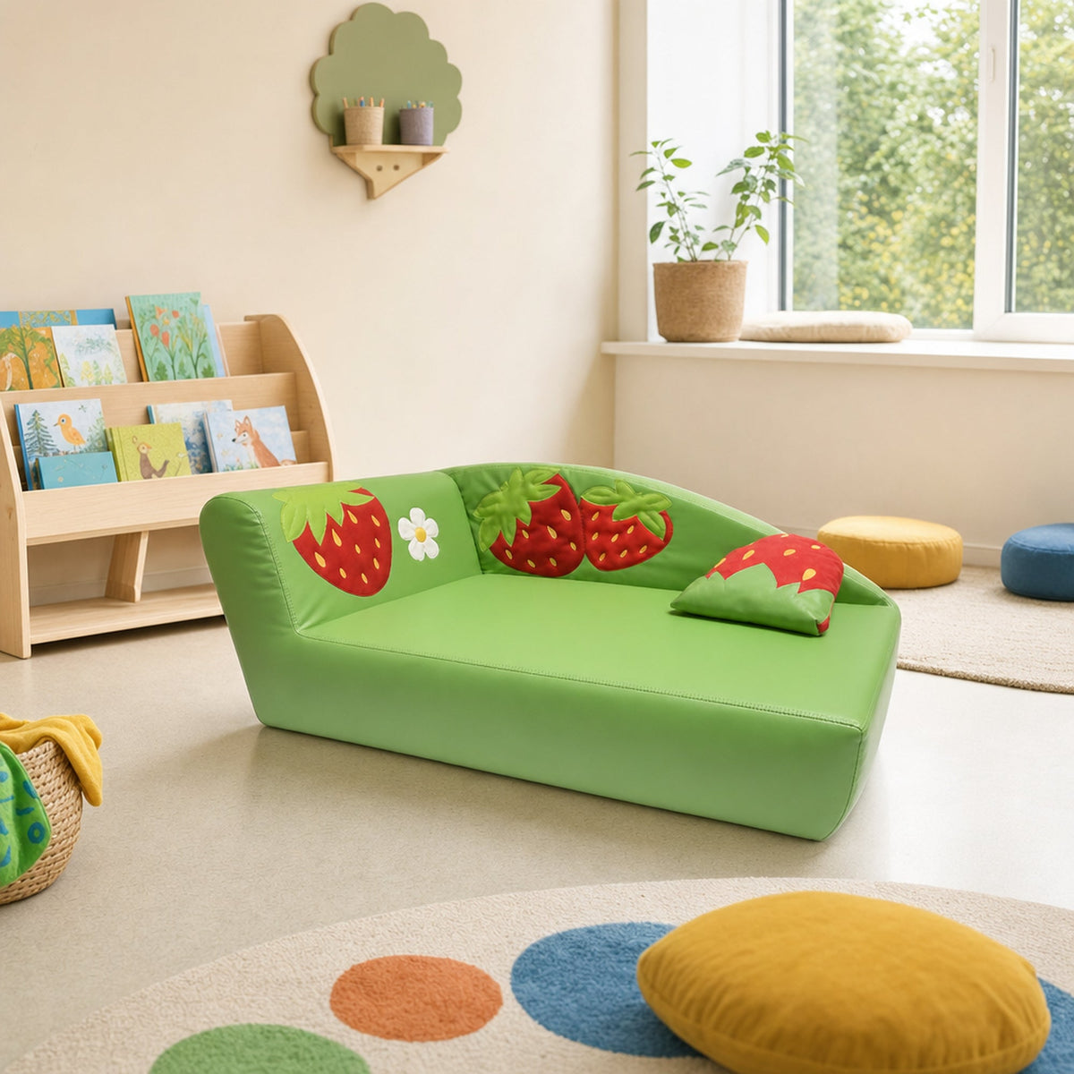 Kindersofa Erdbeere in der Leseecke eines Kita-Gruppenraums