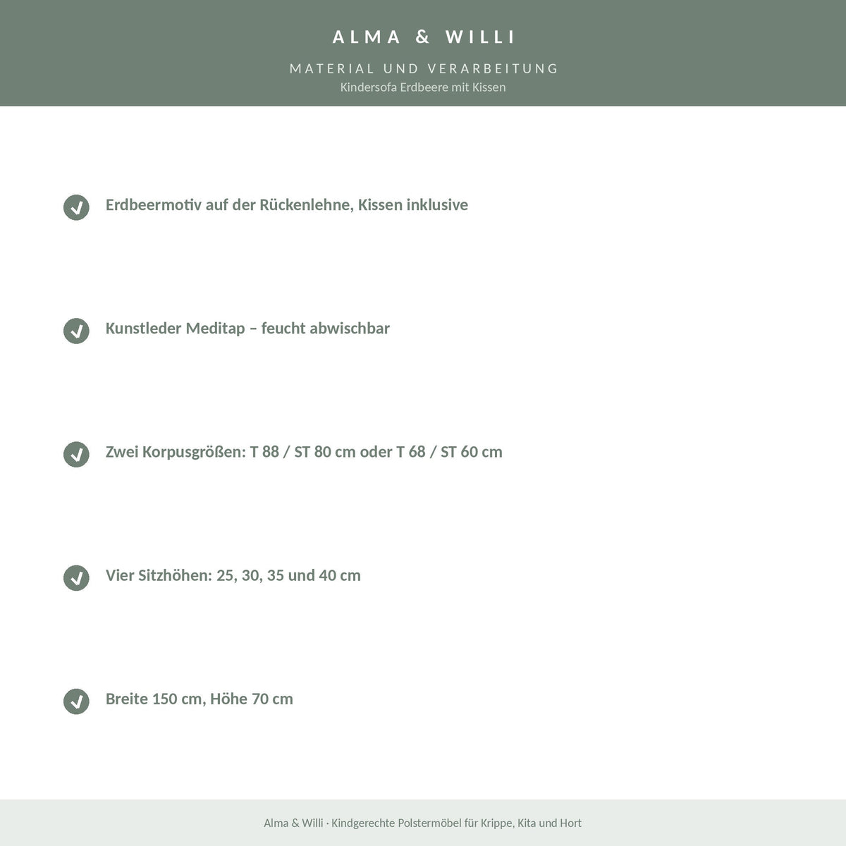 Alma & Willi Kindersofa Erdbeere mit Kissen – Kunstleder Meditap, vier Sitzhöhen – Material und Verarbeitung