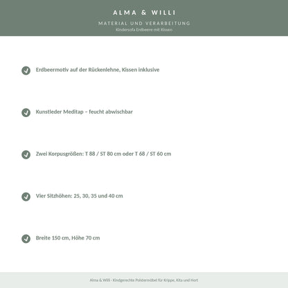 Alma & Willi Kindersofa Erdbeere mit Kissen – Kunstleder Meditap, vier Sitzhöhen – Material und Verarbeitung
