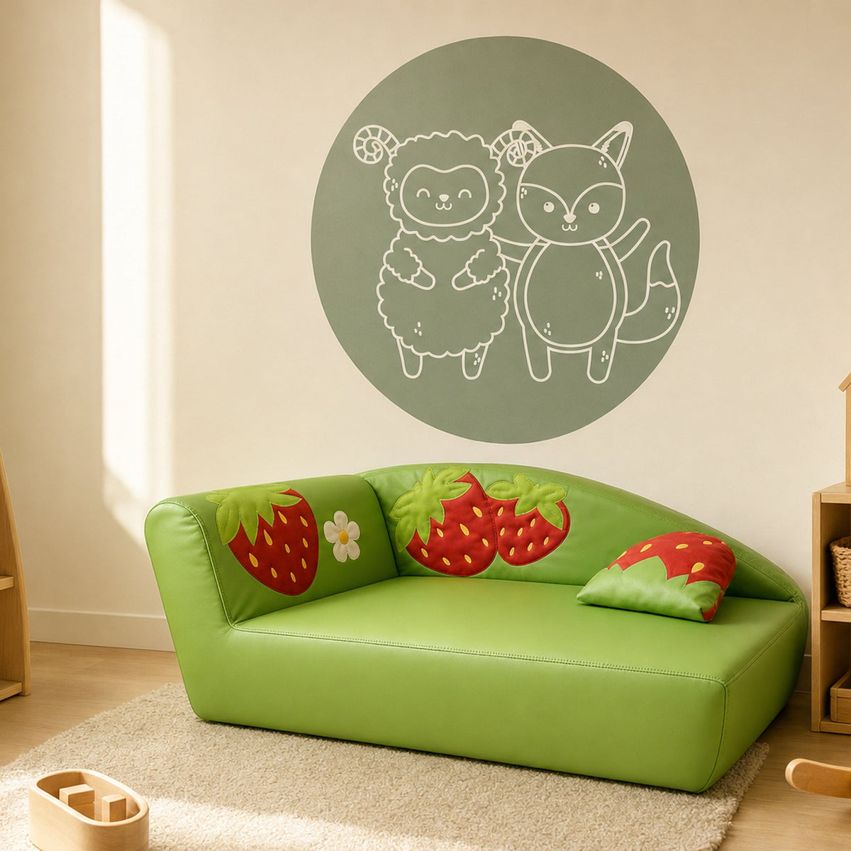 Kindersofa Erdbeere in einer Spielecke mit Alma & Willi Wandtattoo